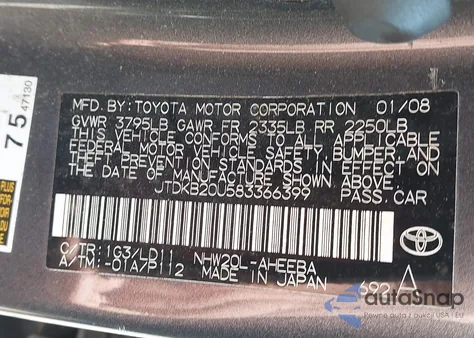 2008 Toyota Prius from USA, damaged, VIN JTDKB20U583366399